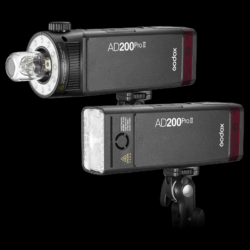 The Godox AD200Pro II flash head, two units showing different light configurations.