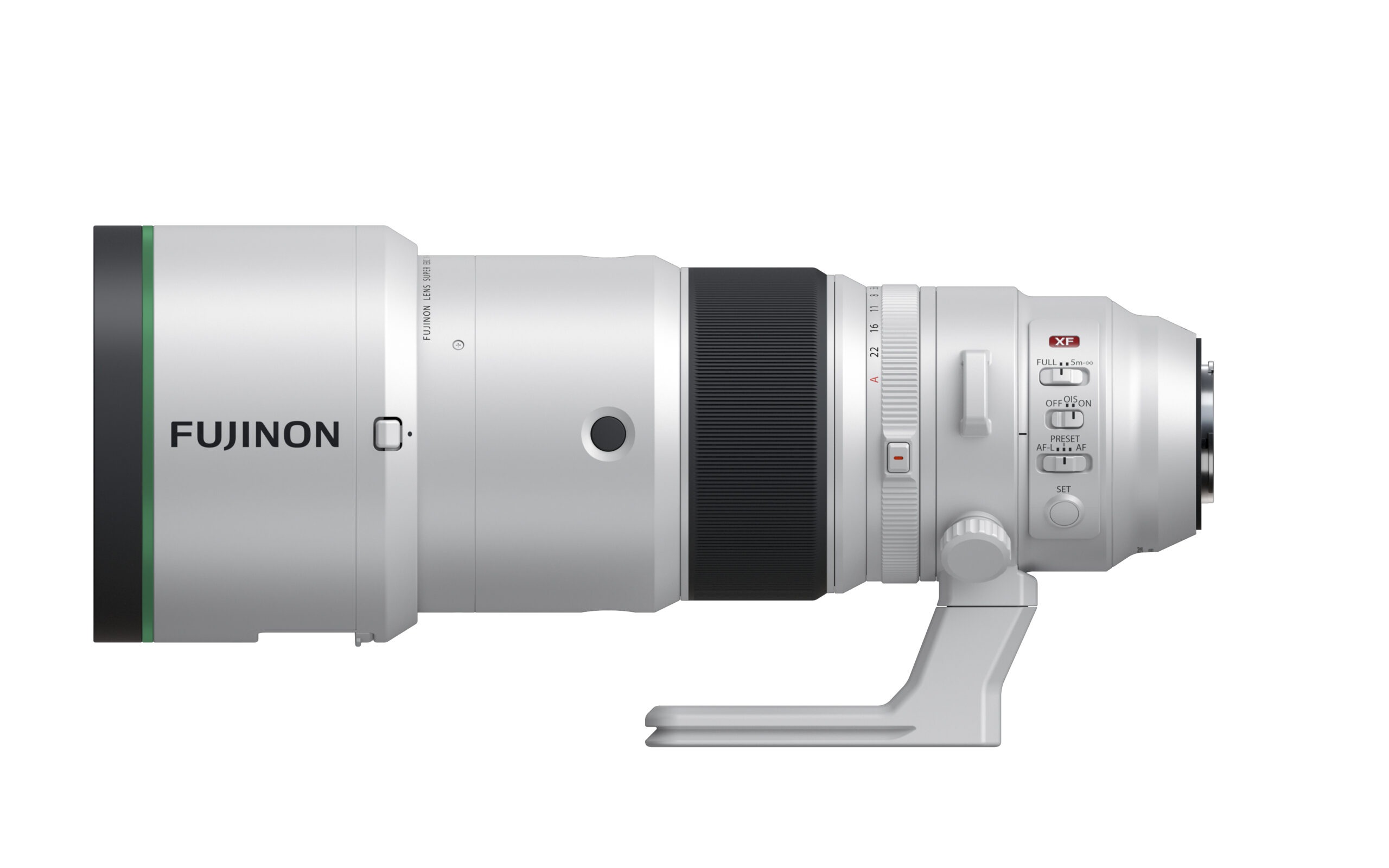 Fujinon XF400mm F4.5, side profile showing focus limit and recall controls, tripod foot, and lens hood design.